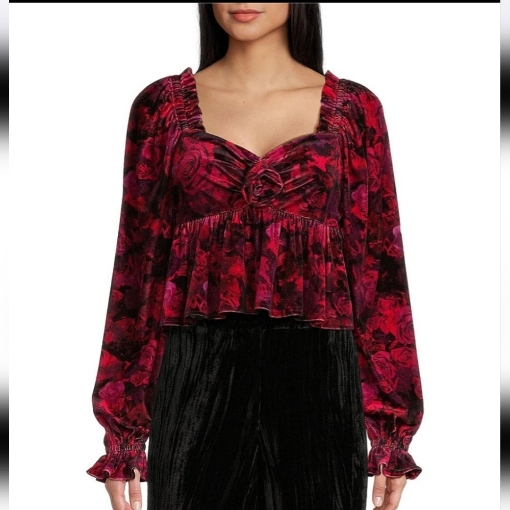 C&V Chelsea & VioletV-Neck Long Sleeve Velvet Rosette Blouse